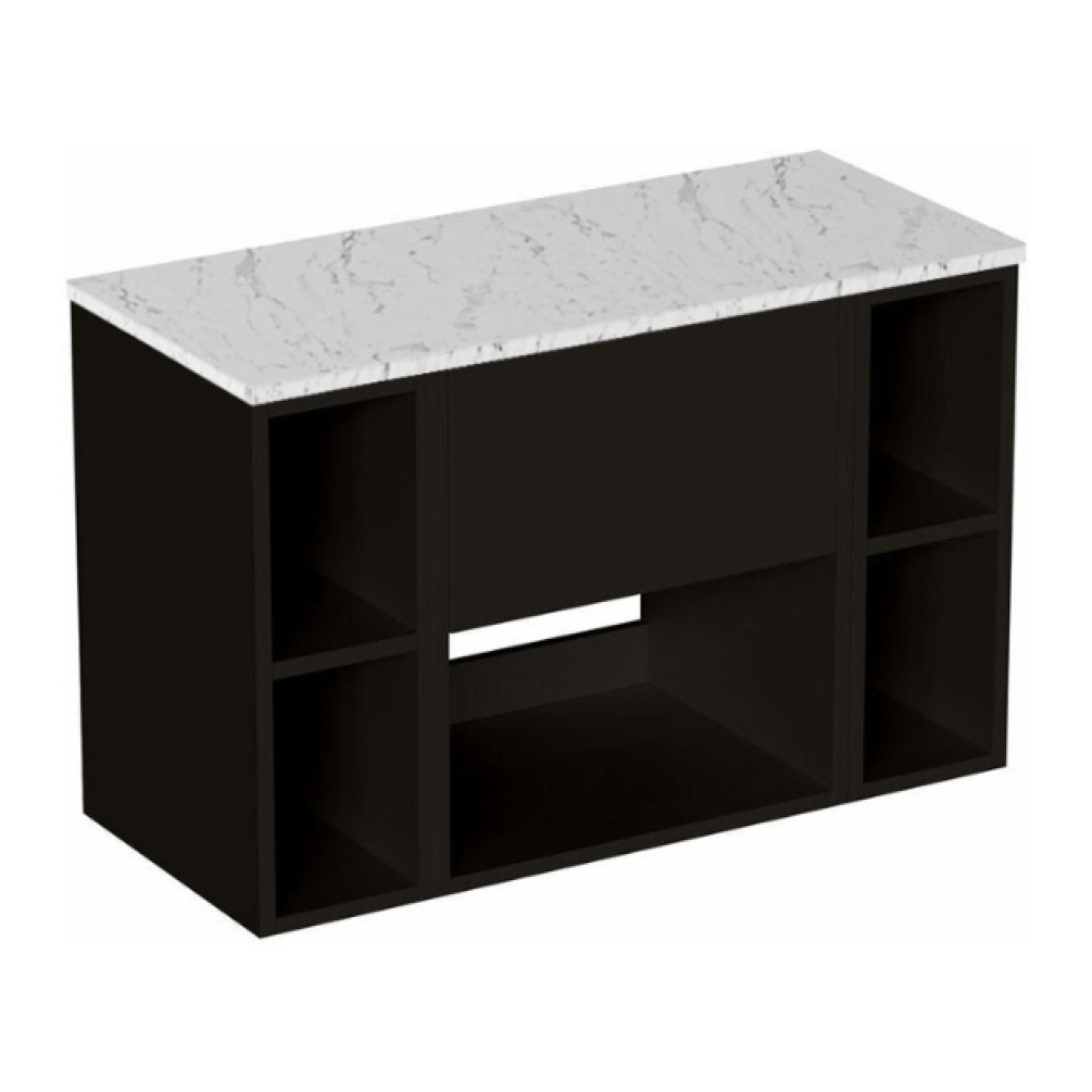 Cut out image of the Britton Hackney Matt Black 900mm Wall Hung Vanity Unit with Worktop & Two Shelf Units